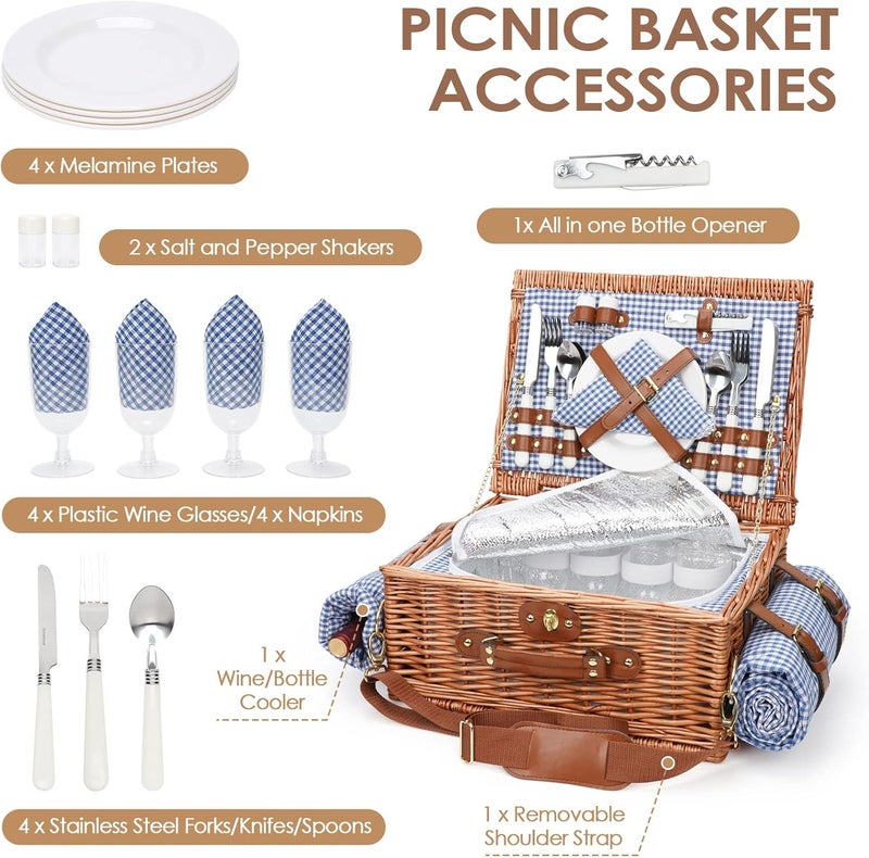 WILLOW WEAVE Picnic Basket for 4, Insulated Willow Picnic Baskets with Shoulder Strap, Picnic Hamper with Waterproof Picnic Blanket, Handmade Wicker Hamper for Outdoor, Great Gifts for Thanksgiving, Christmas - Image 2